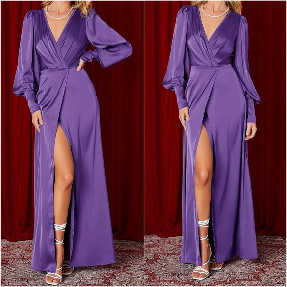 Luxe Satin Split Thigh Party Wedding Formal Maxi Dress - Picture 1 of 8